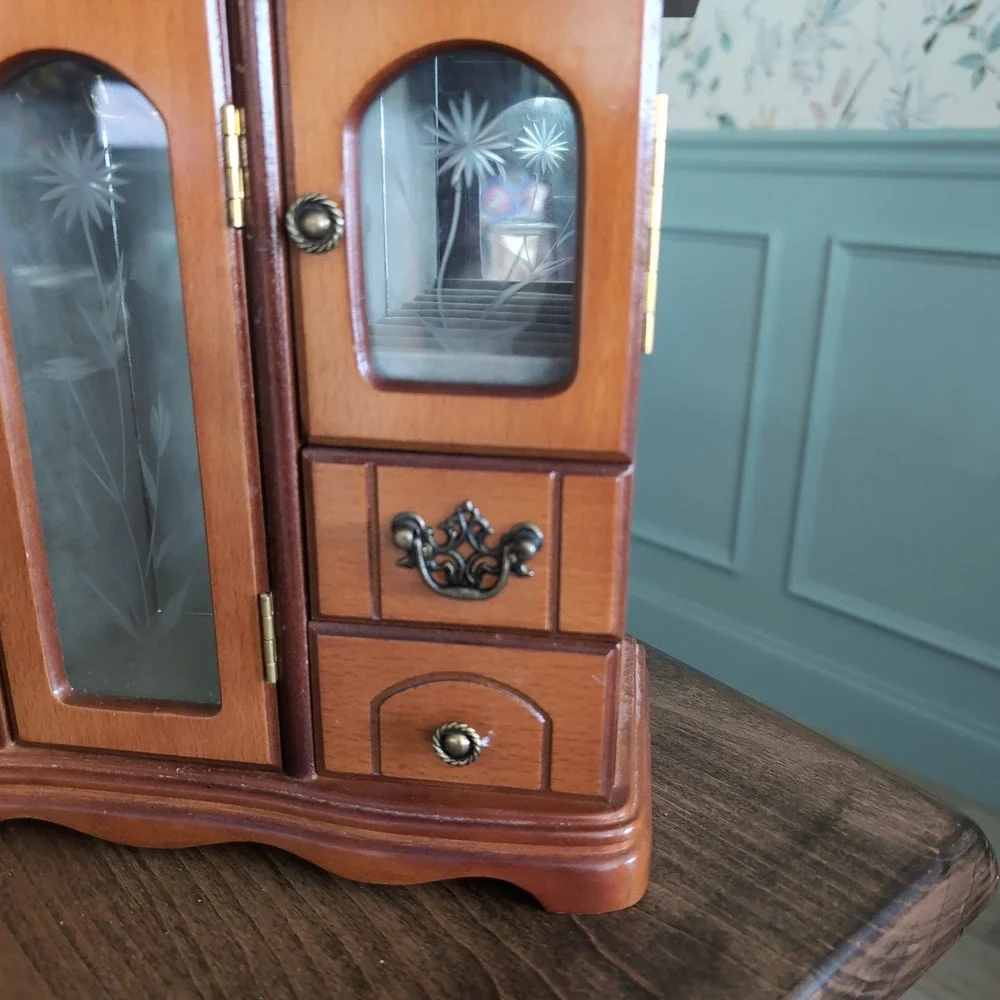 Vintage Jewelry Armoire Organizer Etched Glass Floral Wood Chest Velvet Mirrored